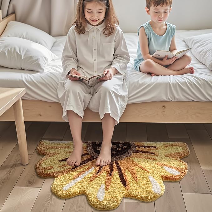 LUMI Floral Bath Mat, Sunflower Bathroom Rug, Soft Plush Fluffy Yellow Bath Mat, Absorbent, Non-Slip for Bathroom, Kitchen Sink, Bedroom, Kid's Bedroom, and Living Room, 20"x36"