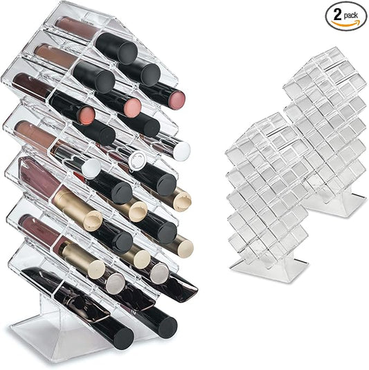 BY ALEGORY (Set Of 2) Acrylic Lip Gloss Makeup Organizer 28 Space Storage w/Deep Slots Designed To Stand Lay Flat & Be Stacked Refillable Cosmetic Container - Clear