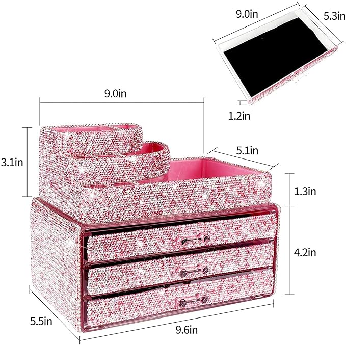 KEYPOWER Makeup Organizers Drawer Bling Diamond,Countertop Jewelry Cosmetic Storage Display Boxes,Makeup Brush Holder,2 Pieces Set(Purely Handmade)(Pink)