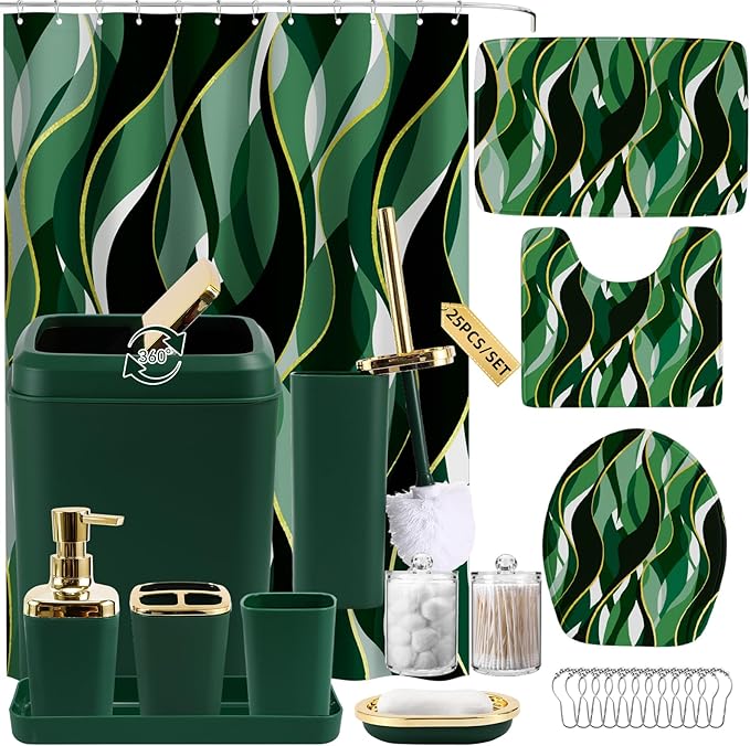 XLHOMO Bathroom Set - Green and Gold Bathroom Accessories, Bathroom Sets with Shower Curtain and Rugs, Green Shower Curtain Set with Bathroom Trash Can, Soap Dispenser, Soap Dish for Home Decor
