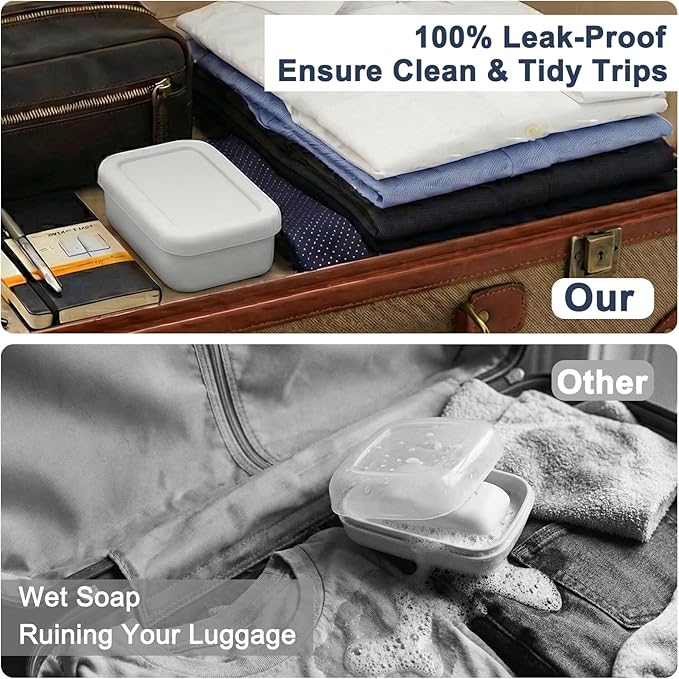 HighHerz Leak Proof Silicone Travel Soap Case with Draining Tray - Bar Soap Holder for Travel, Gym & Camping - Mess-Free Portable Soap Container for Carry-on Bags (White)