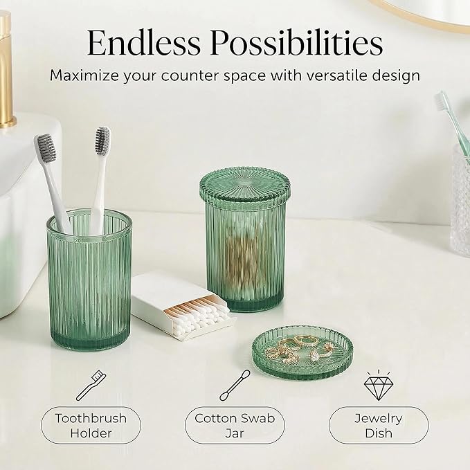 3 Pcs Green Bathroom Accessories Set, Glass Bathroom Set, Soap Dispenser, Toothbrush Holder, Jewelry Tray, Modern Bathroom Decor, Housewarming Gift Set