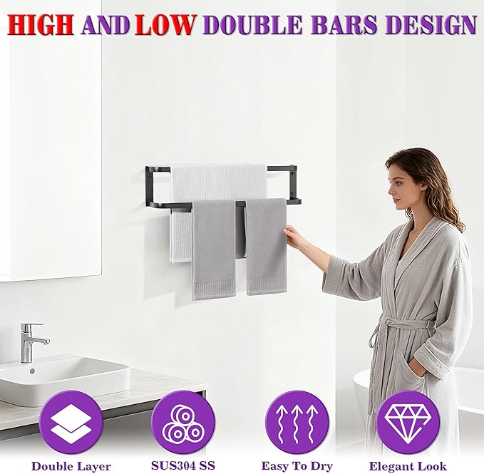 Alise Double Towel Bars for Bathroom,24'' Towel Holder Towel Racks for Bathroom Wall Mount,SUS304 Stainless Steel Double Towel Rail Towel Hanger for Bath Walls,Matte Black