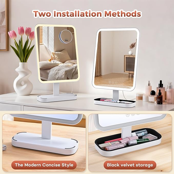 Vanity Mirror with Lights, Storage Hollywood Mirror, 1/10X Magnifing, 3 Colors Lights & Adjustable, Lighted Up Mirror for Makeup Desk, Bedroom, Dressing Room, （19.7" X 12" White） Plug in