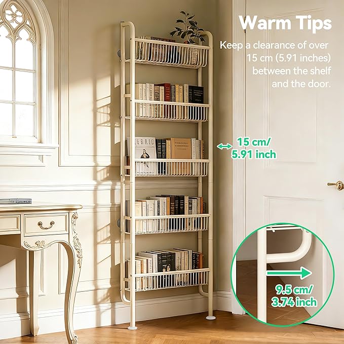 Behind The Door Narrow Bookshelves Pantry Spice Rack 5-Tier Slim Metal Space-Saving Organizer for Bathroom Closet Kitchen Living Room Sturdy Room Laundry Room, White