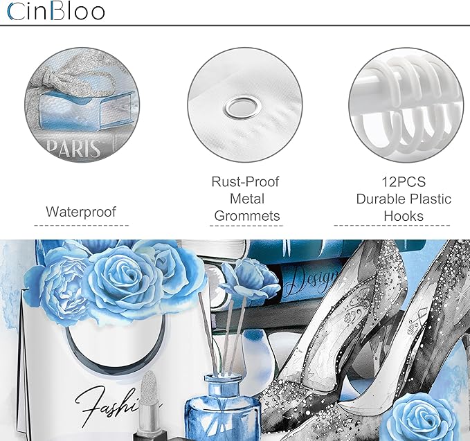 Cinbloo Girly Blue 72Wx72H Shower Curtain Silver Fashion Gray Teal Flower Perfume High Heels Bow Magazine Books Floral Elegant Bathroom Curtain Set Women Girls Bath Bathroom Accessories Decor