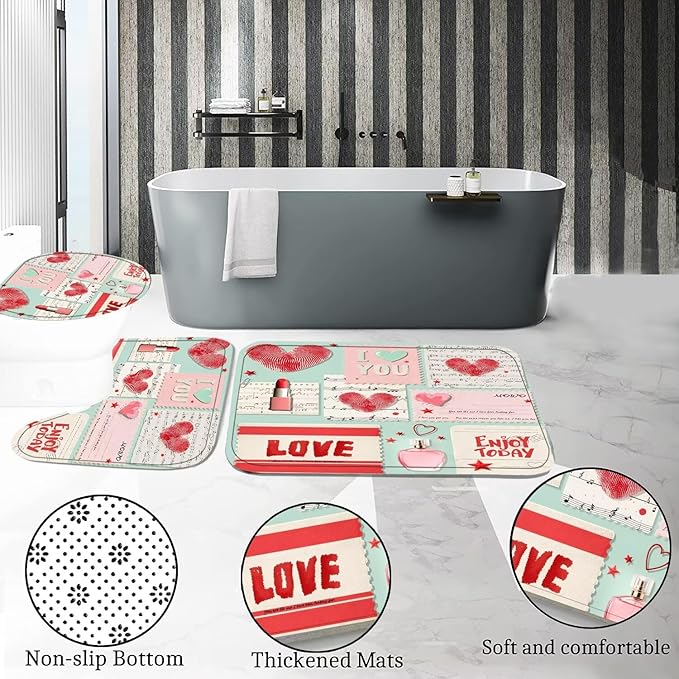 DDQQ 4Pcs Valentine's Day Shower Curtain Set Love Letter Post Office Bathroom Sets Modern Shower Curtain Set for Bathroom Sets with Rugs Red Love Shower Curtain with 12 Hooks
