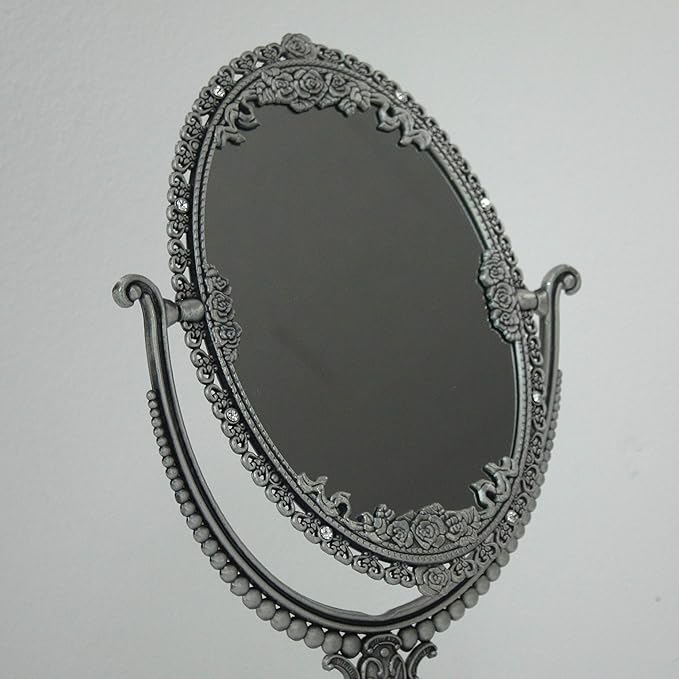 SEHAMANO Vintage Oval Double Sided Embossed Roses Frame Makeup Table Mirror for Bathroom Bedroom Dressing, Antique Decorative Vanity Cosmetic Metal Stand Mirror (Large, Tin (Matt Silver))