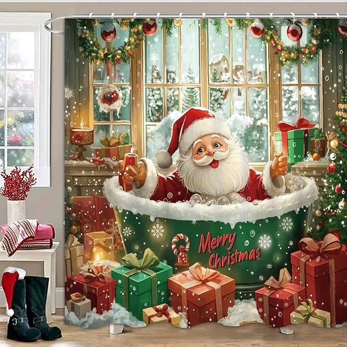 Dreamrflove Christmas Shower Curtain，Santa Claus Tub ，Winter Christmas Shower Curtains for Bathroom ，Cute Funny Shower Curtain，72x72 Inch Waterproof Polyester Insulated Home Decor Set ，with Hooks
