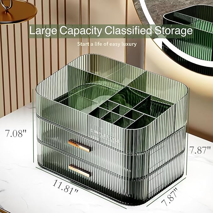 Makeup Organizer for Vanity, Large Desk Organizer with Stackable Drawers for Cosmetics, Skincare, Lipsticks, Palette, Nail Care, Ideal Storage for Dresser and Bathroom Countertop-Green