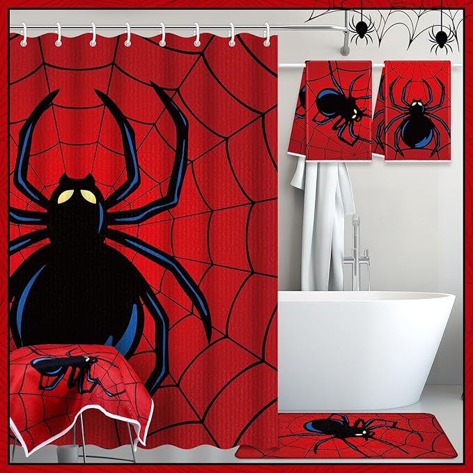 Nuanchu 6 Pcs Spider Shower Curtain Set with Rug Bathroom Sets with Shower Curtain Bath Mat U Shaped Mat Toilet Lid Cover 2 Bath Towels and 12 Hooks Red Black Spider Bathroom Decor