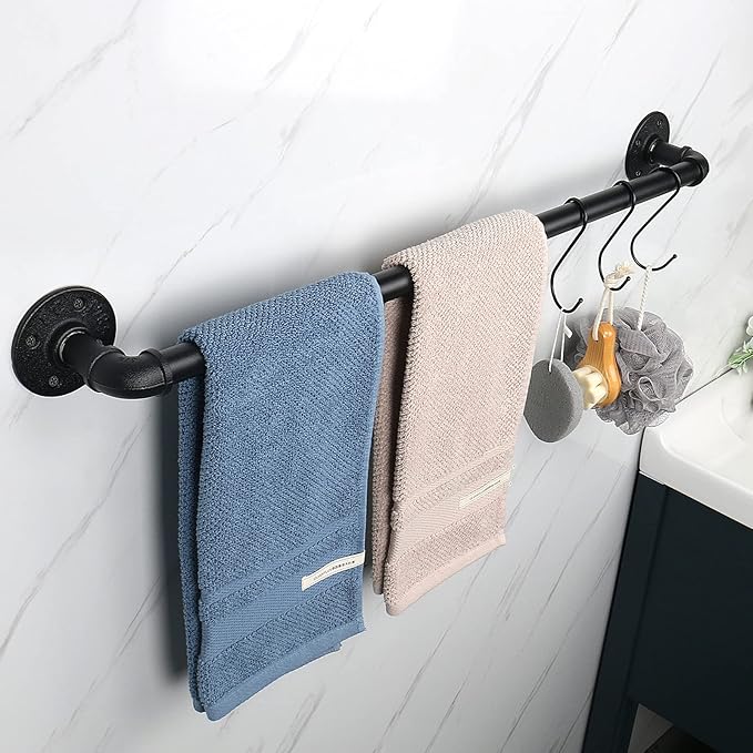 Industrial Pipe Towel Rack Towel Bar, Heavy Duty Wall Mounted Rustic Farmhouse Bath Towel Holder for Bathroom (Black, 28 inch)