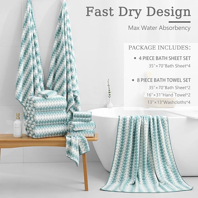 8 Piece Bathroom Towel Set Aqua |2 Oversized Large Bath Towels Sheet,2 Hand Towels and 4 Washcloths| 600GSM Ultra Soft Luxury Premium Towel Set Highly Absorbent Quick Dry Hotel Towel Collection