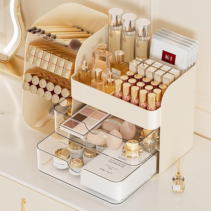 Makeup Organizer with Drawers,Large Capacity Countertop Organizer for Vanity,Bathroom and Bedroom Desk Cosmetics Organizer,Easy To Storage Skincare,Brushes, Eyeshadow,Lipstick (All Cream, Large)