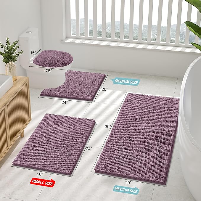 Smiry Luxury Chenille Bathroom Rugs 30x20, Extra Soft and Absorbent Shaggy Bath Mat, Machine Washable, Non-Slip Plush Carpet Runner for Tub, Shower, and Floor, Home Decor Accessories, Deep Plum