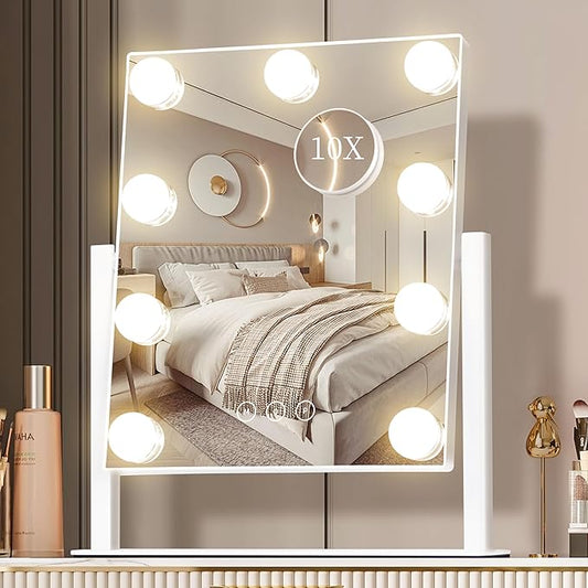Vanity Mirror with Lights, Makeup Mirror with Lights,3 Color Lighting Modes Detachable 10X Magnification Mirror Touch Control,360°Rotation, White.