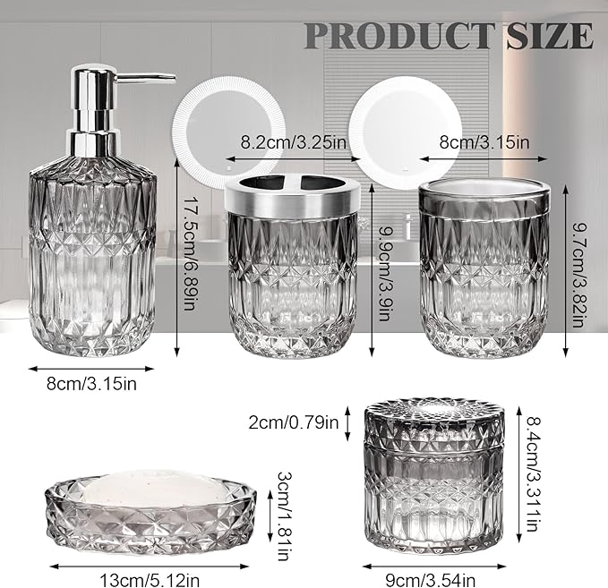 Bathroom Accessories Set, 5Pcs Bathroom Soap Dispenser Set, Glass Bathroom Accessories with Glass Soap Dispenser, Soap Dish, Toothbrush Holder, Tumbler, Cotton Swab Jar (Gradient Black & Clear)