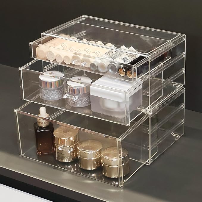 Clear Stackable Makeup Storage Organizer Drawer, Acrylic Plastic Organizers Bins, Vanity Countertop Containers, Cosmetic Holder Display Case for Vanity, Bathroom,Cabinet,Desk Organization