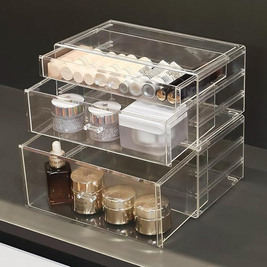 Clear Stackable Makeup Storage Organizer Drawer, Acrylic Plastic Organizers Bins, Vanity Countertop Containers, Cosmetic Holder Display Case for Vanity, Bathroom,Cabinet,Desk Organization