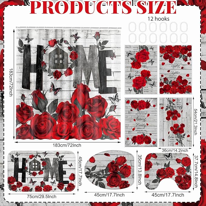 Tatuo 8 Pcs Red Rose Shower Curtain Set Rose Home Romantic Farmhouse Bathroom Decor Accessories Sets Black Red Waterproof Shower Curtain with Towels Carpet Bath Mat Toilet Rugs and 12 Hooks