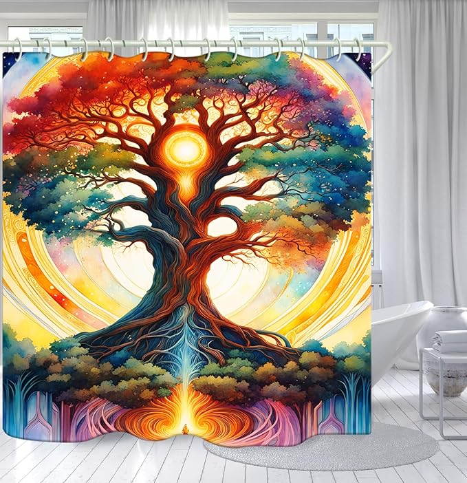 Shower Curtain, with The Theme of The Tree of Life and Bright Colors, Brings A Unique Artistic Atmosphere to The Bathroom. 59x72 Inch Fabric Shower Curtain Comes with 12 Hooks.