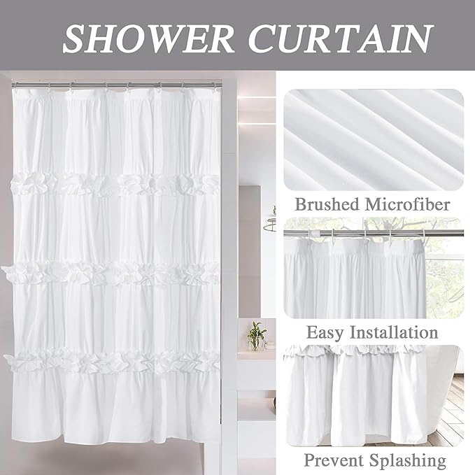 Ruffle Stall Shower Curtain, Vintage Handcrafted Bow Tie Bath Curtain for Master Bathroom, Ruched Microfiber Bathroom Curtain with 8 Buttonholes, 48" W x 72" H, White (LQ-10)