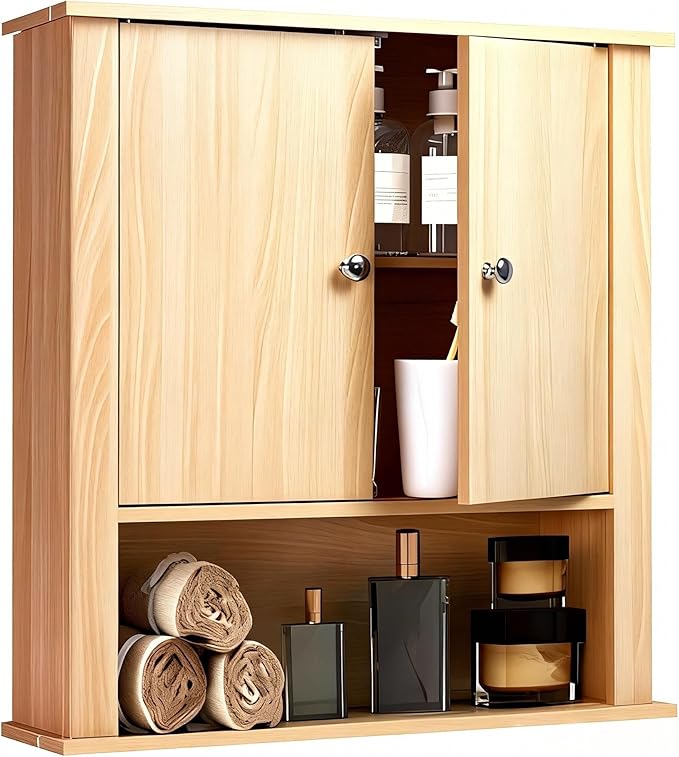 Bathroom Cabinet Wall Mount, Over the Toilet Storage Cabinet, Medicine Cabinet with 2 Doors, Bathroom Storage Cabinet, Upper Storage Cabinets for Kitchen Laundry Room (Nature)