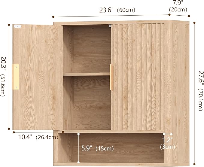 Keehusux 27.6" H Bathroom Wall Storage Cabinet with 2 Fluted Doors, Modern Wall Mounted Bathroom Cabinet with Adjustable Shelf, Curved Profile Medicine Cabinet for Kitchen, Living Room, Natural Oak