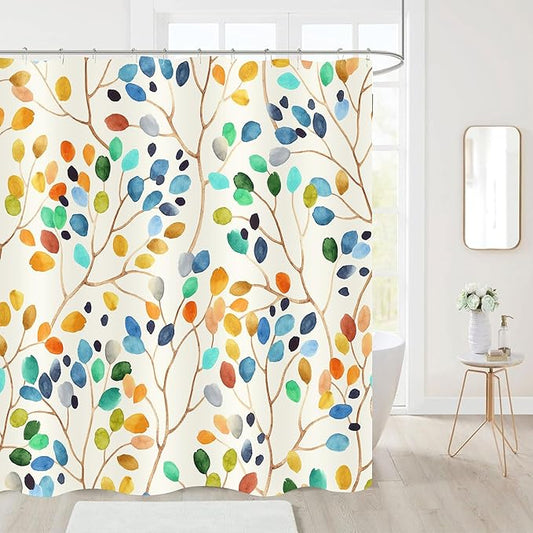 Colorful Leaves Shower Curtains 72x72 Inch, Waterproof Fabric Watercolor Floral Stylish Bathroom Shower Curtain with Hooks