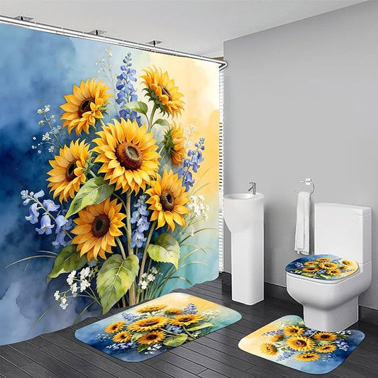 AZHM Watercolor Sunflower Shower Curtain Set 4 PCS Rustic Yellow Blue Floral Bathroom Accessory Sets with Non-Slip Bath Rugs, Toilet Lid Cover and U-Shaped Mat