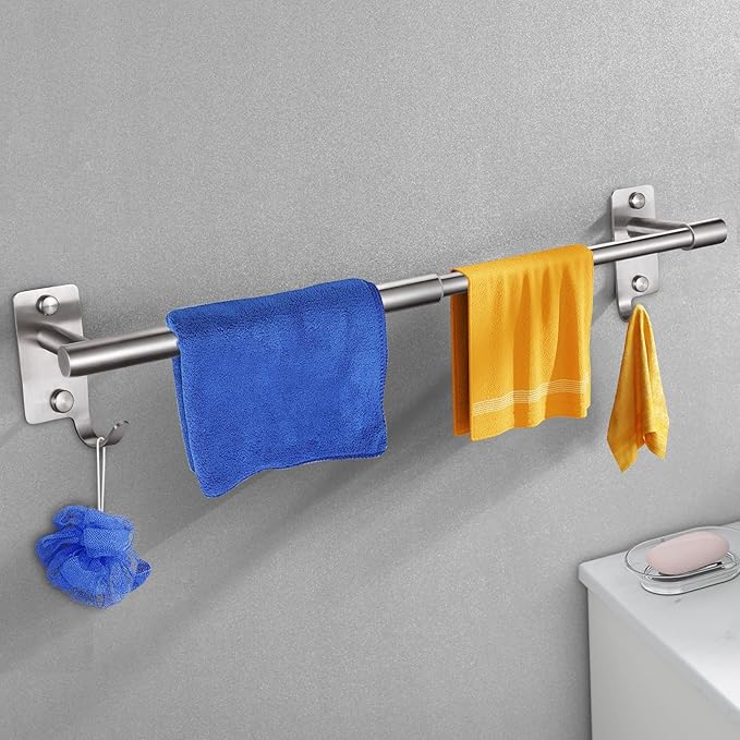 Adjustable Towel Rack for Bathroom, Stainless Steel Sturdy Towel Bar Rod (14.5”-23.6”) Wall Mount, Rustproof Towel Holder with Hanger Hook, Space-Saving Towel Rail for Bathroom Kitchen - Brushed