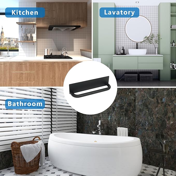 Stainless Steel Adhesive Towel Holder - Peel and Stick, No Drill Waterproof Hand Towel Rack for Bathroom, Kitchen - Self-Adhesive Command Strip, Durable and Easy to Install, 9 Inch Black