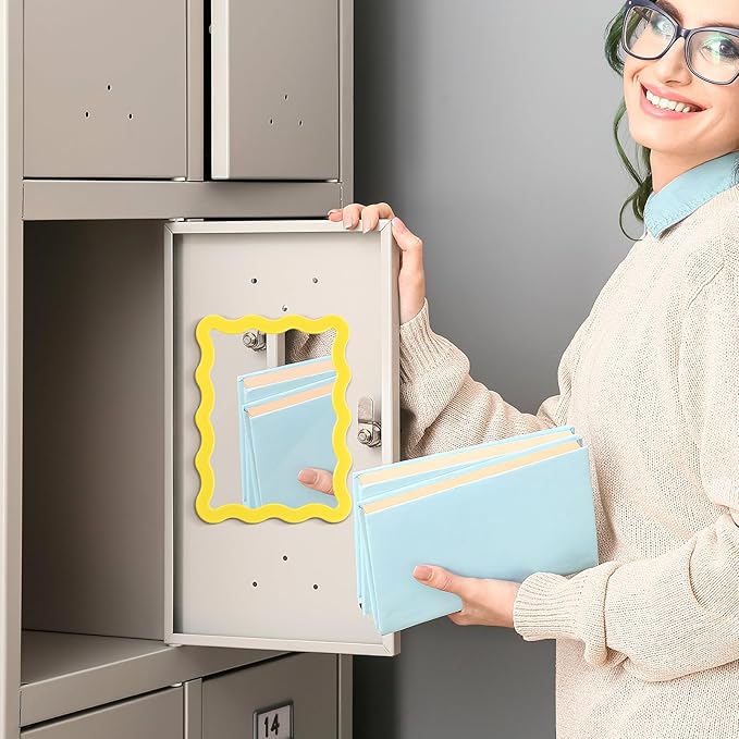 Leinuosen 1 Pcs Scalloped Magnetic Locker Mirror Small Real Glass Makeup Mirror with Magnetic Backing Cute Locker Decorations for Office Cabinet Lockers Accessories (5 x 7 Inch,Yellow)