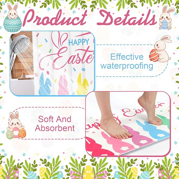 Remagr 4 Pcs Easter Shower Curtain Set for Bathroom Easter Bathroom Curtain Include Bunny Shower Curtains Non Slip Rug Toilet Lid Cover U Shaped Bath Mat and 12 Hooks for Home Indoor Decor