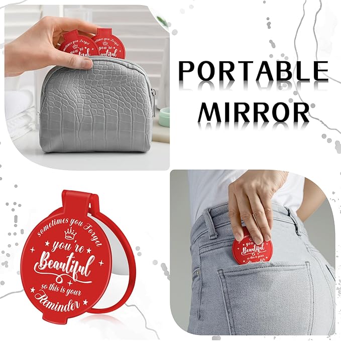 36 Pcs 2.76 Inch Inspirational Compact Mirror Bulk Women Small Gifts Graduation Party Favors Purse Mirror Pocket Mini Stuffer Items for Adult Coworker Cheerleader Employee (Red)