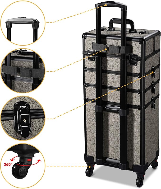 BYOOTIQUE Makeup Train Case Trolley w/Cube Case Cosmetic Organizer Rococo Gray