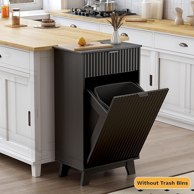 Double Tilt Out Laundry Hamper Cabinet, 20 Gallon Wooden Trash Can Cabinet with Storage Drawers, Hidden Fluted Garbage Can Holder for Kitchen, Living Room (Black, 20.47" W x 35.83" H x 13" D)