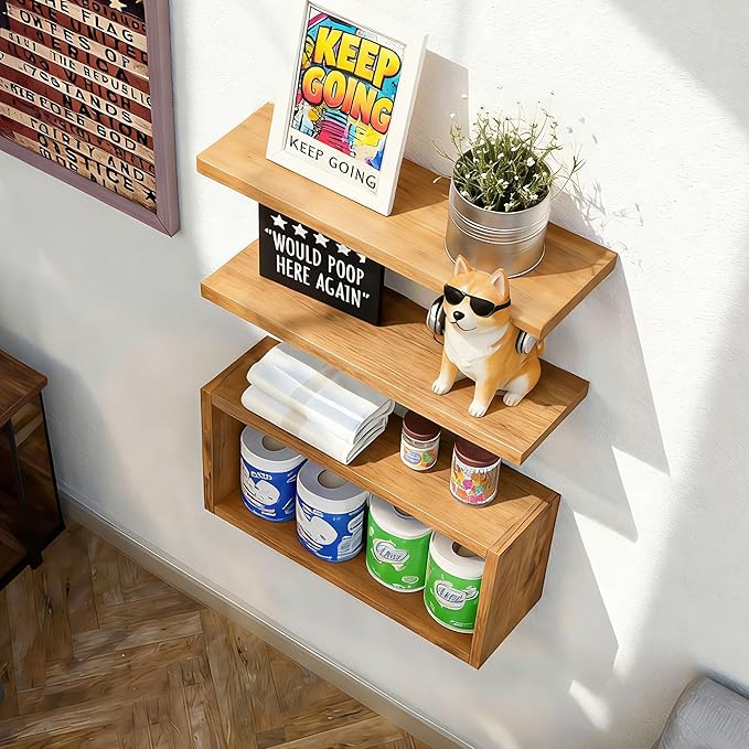 Wall Mounted Floating Shelf, c Long for Bedroom Living Room Kitchen Staircase Bathroom Above Toilet Wall Decoration Book Storage Room Recoration (3piece Set) Natural Wood Color