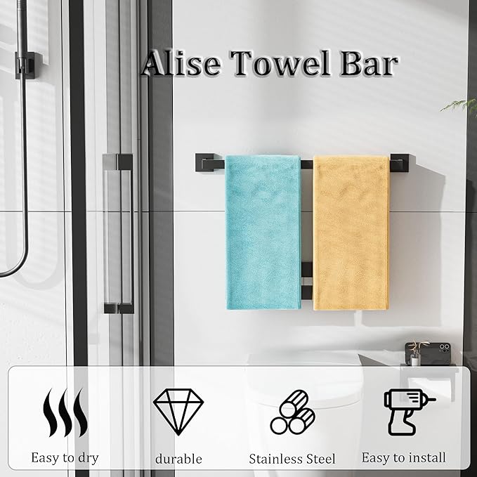 Alise Towel Bar for Bathroom Wall Mounted,24 Inch Towel Racks for Bathroom,SUS304 Stainless Steel Towel Holder Heavy Duty Towel Hanger for Bathroom & Kitchen,Matte Black