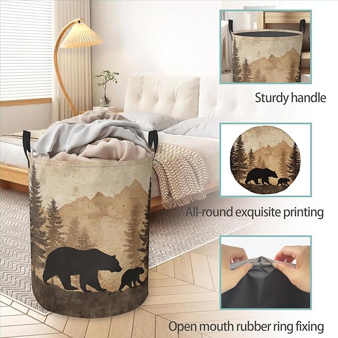 Vintage Forest Bear Round Laundry Hamper Storage Basket Toys Clothes Organizer Bin For Home Bathroom Bedroom Dorm Nursery