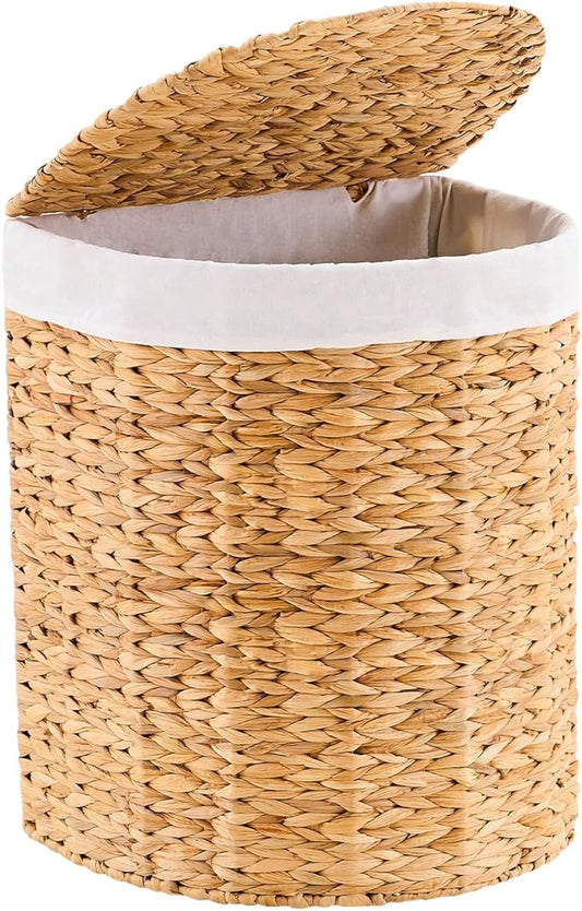 Half Round Wicker Laundry Hamper with Lid and 2 Removable Liner Bags, Handwoven Natural Water Hyacinth Laundry Basket for Dirty Clothes, Natural