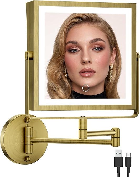 Rechargeable Wall Mounted Makeup Mirror with Lights, 4000mAh Double Sided 1X/10X Magnifying Vanity Mirror with 3 Color Lights, Touch Dimmable, 360° Extension Foldable Arm (Antique Brass)