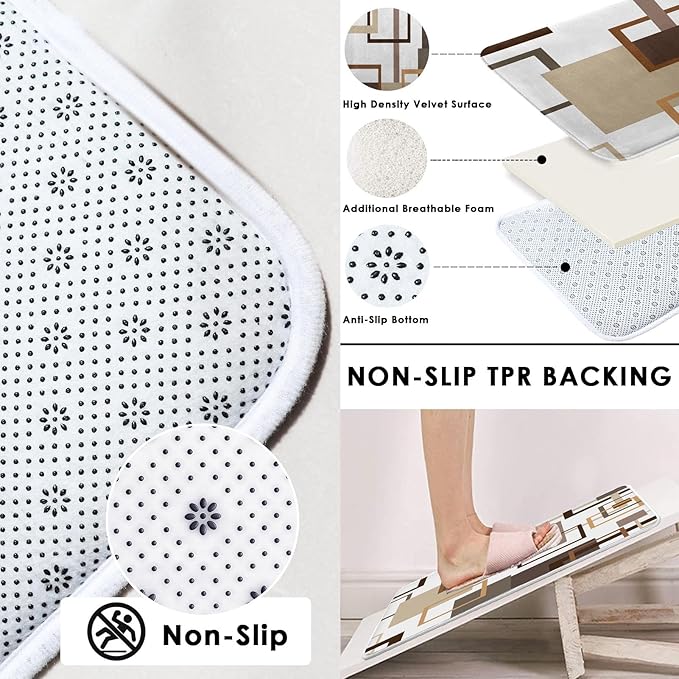 Geometric Brown Shower Curtain Set with Toilet Lid Cover and Non-Slip Rugs, Abstract Square 4 Pcs Shower Curtain for Bathroom, Modern Simple Line Bathroom Decor