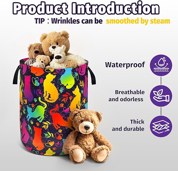 Cute Colorful Cat Laundry Basket Foldable Oxford Cloth With Handle Portable Neon Storage Basket Organizer Suitable For Laundry Room/Bedroom/Living Room/Children'S Room (18.9 X 16.5 Inch)