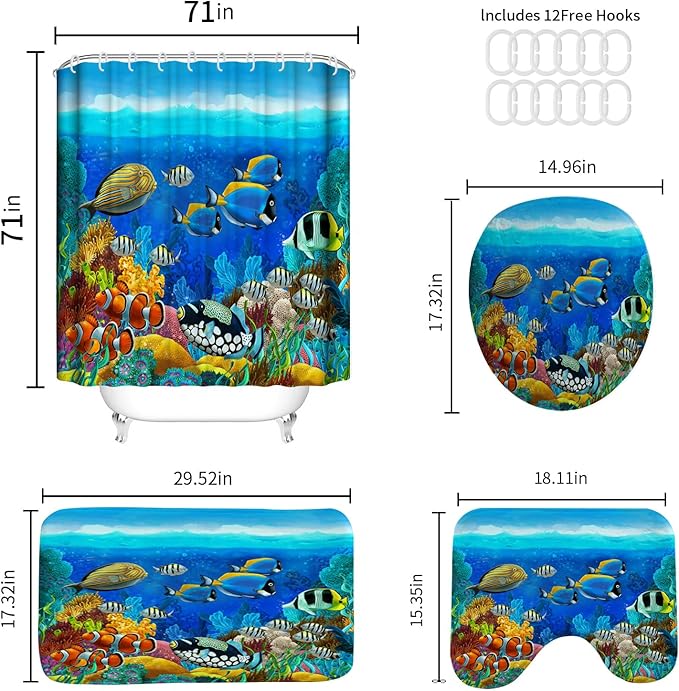 4Pcs Colorful Tropical Fish Bathroom Sets with Shower Curtain and Rugs, Cartoon Ocean Theme Full Bathroom Set, Light Blue Soft Fabric Shower Curtain Set with 12 Pcs Hooks, Set de baño