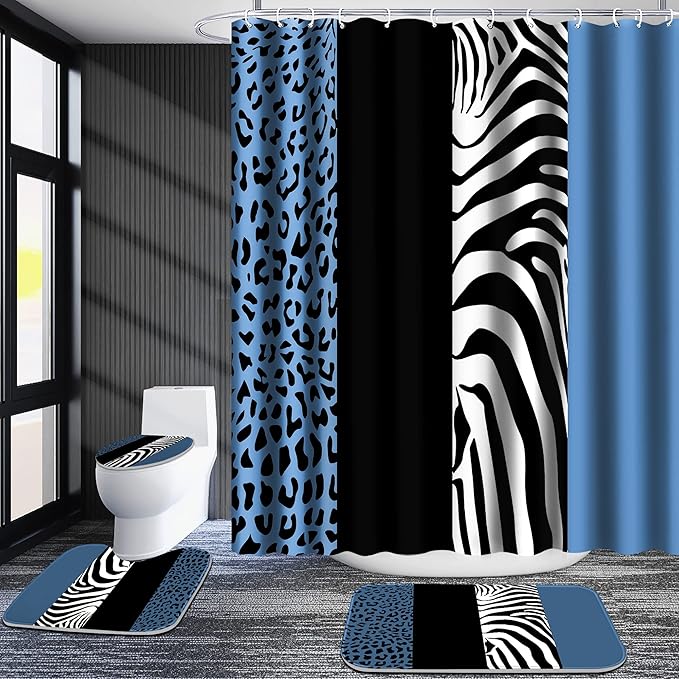 Poedist 4 Pcs Bathroom Shower Curtain Set,Blue Leopard Print Shower Curtain Bright Style Shower Curtain Sets with Rugs(Bath Mat,U Shape and Toilet Lid Cover Mat) and 12 Hooks