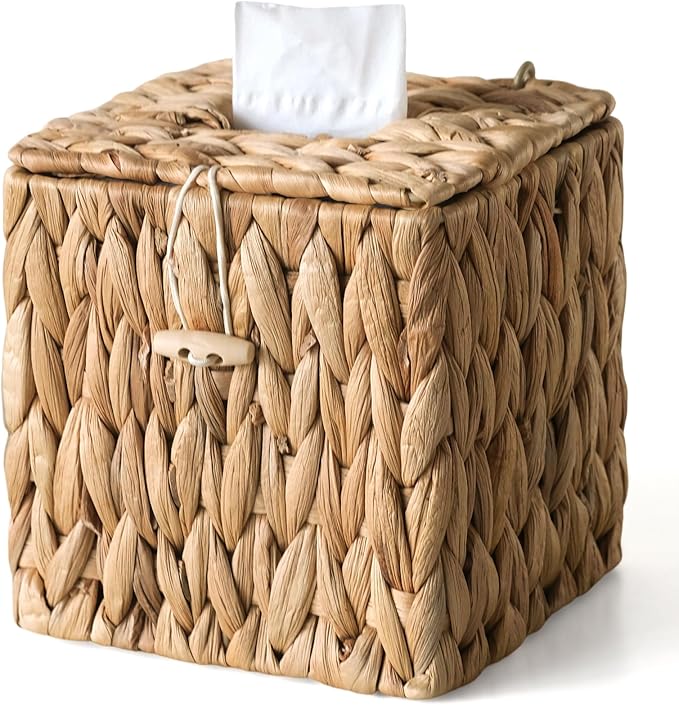 Rattan Tissue Box Cover with Lid, Wicker Tissue Box Holder Square, Hand Woven Cube Tissue Box Cover Tissue Holder for Bathroom Living Room Kitchen Office, Natural