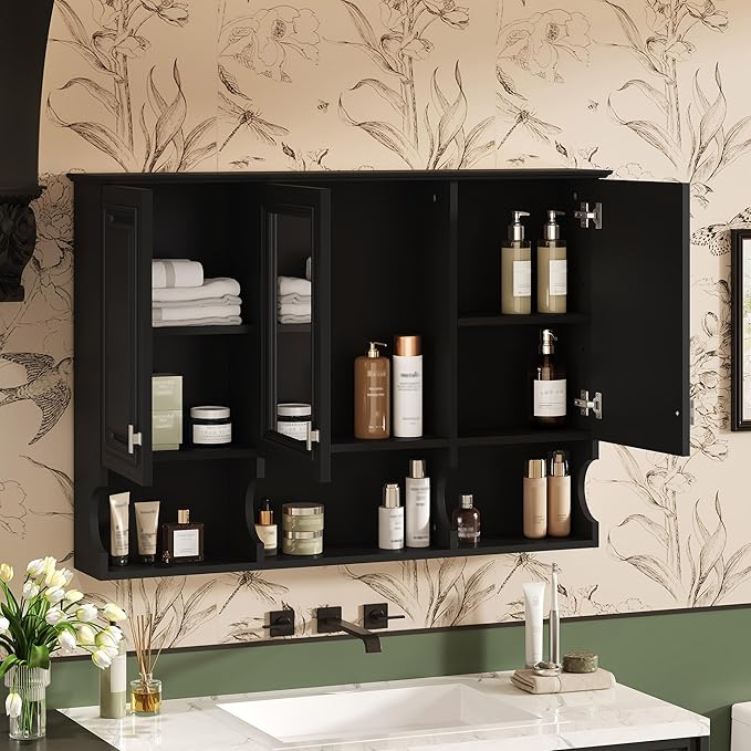 Merax Bathroom Wall Cabinet with Mirror, Wall Mounted Medicine Cabinet with Adjustable Shelves and Open Spaces, 41" x 28" Mirrored Door Over The Toilet Bathroom Storage Cabinet