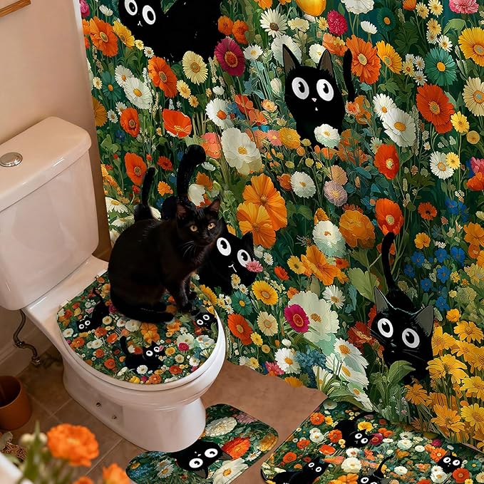 Tatuo 8 Pcs Spring Wildflower Shower Curtain Sets for Bathroom Retro Floral Bathroom Accessories Cute Black Cat Lover Gifts Shower Curtain Sets with Towels Carpet Bath Mat Toilet Rugs and 12 Hooks