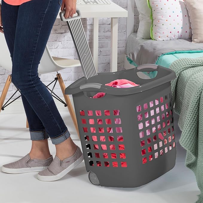 Sterilite 4 Pack Ultra Wheeled Laundry Basket, Plastic Clothes Hamper Bin with Wheels and Retractable Handle, 1.7 Bushel Capacity, Flat Grey